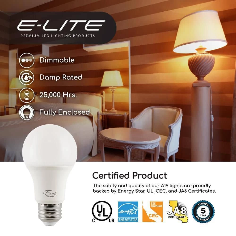 60-Watt Equivalent A19 ENERGY STAR, CEC and Dimmable LED Light Bulb in Warm White (10-Pack) by Euri Lighting - Image 5