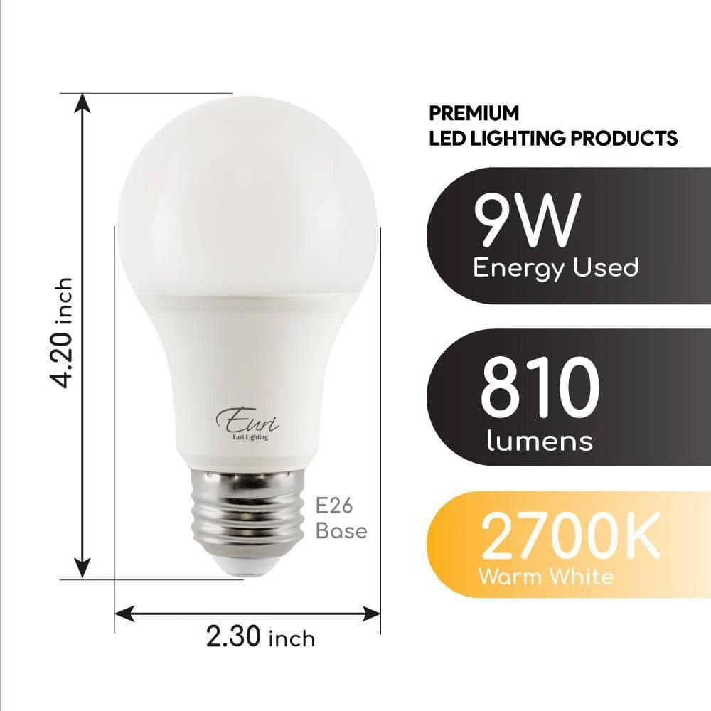 60-Watt Equivalent A19 ENERGY STAR, CEC and Dimmable LED Light Bulb in Warm White (10-Pack) by Euri Lighting - Image 4