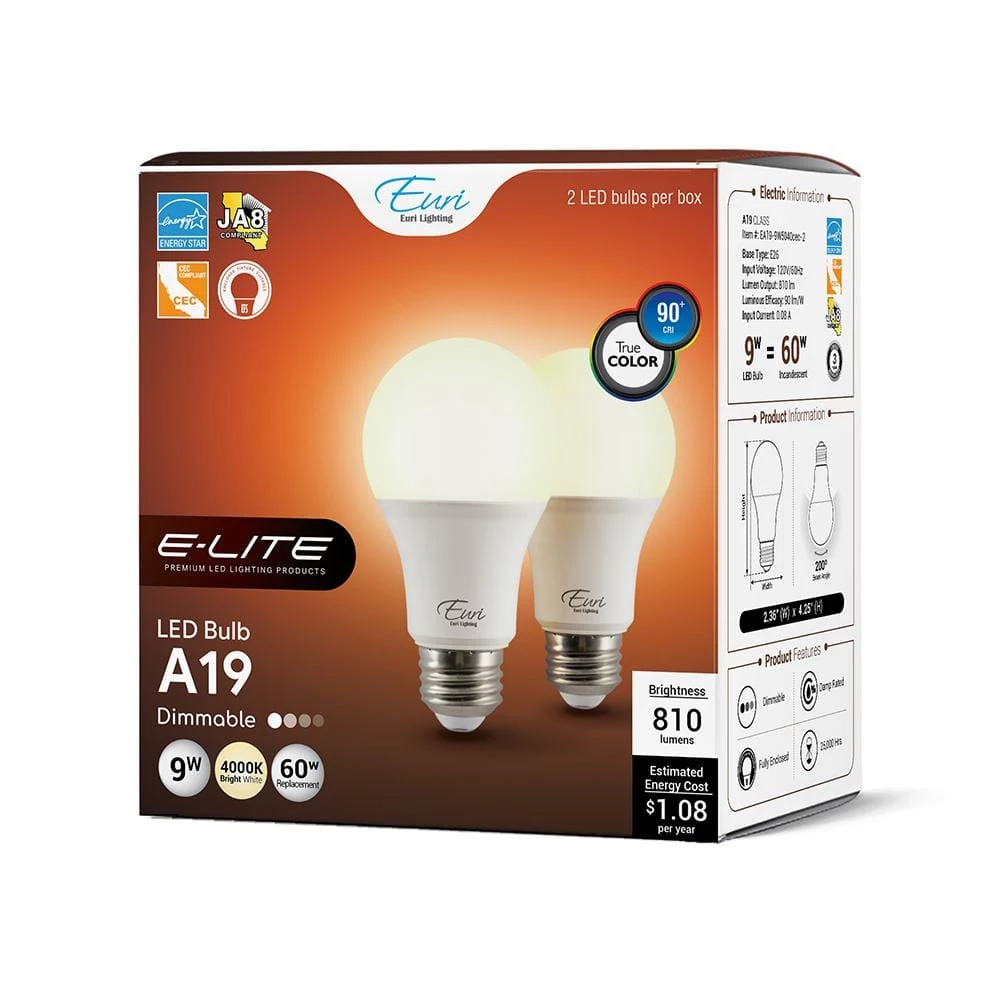 60-Watt Equivalent A19 Dimmable LED Light Bulb in 4000K (10-Pack) by Euri Lighting - Image 3