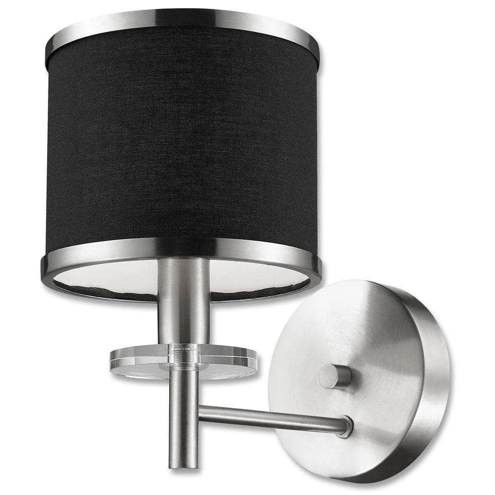 Medford Collection 1-Light Satin Nickel Wall Fixture with Black Fabric Shade by BELDI